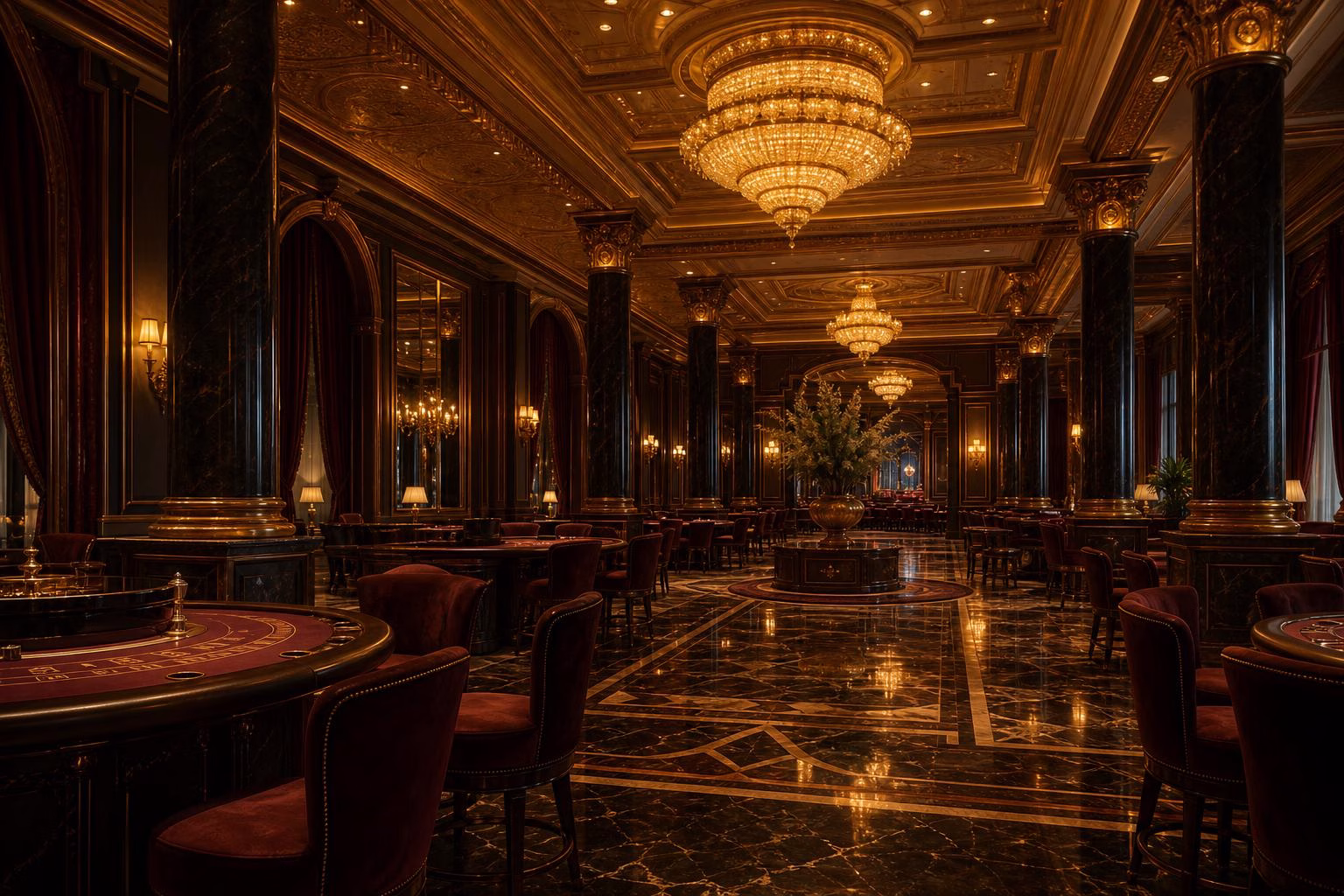 Interior de casino elegante con chandeliers dorados y suelos de mármol