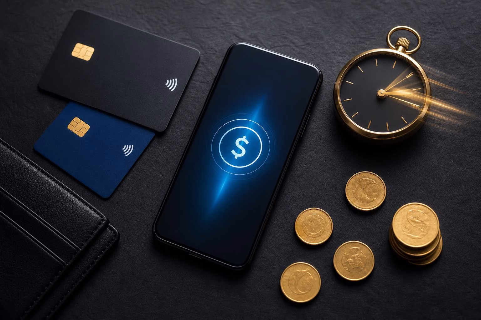 Métodos de pago instantáneos: tarjetas contactless, smartphone y reloj dorado