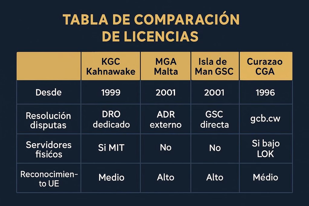 Comparativa licencias KGC Kahnawake vs MGA Malta vs Isla de Man vs Curaçao