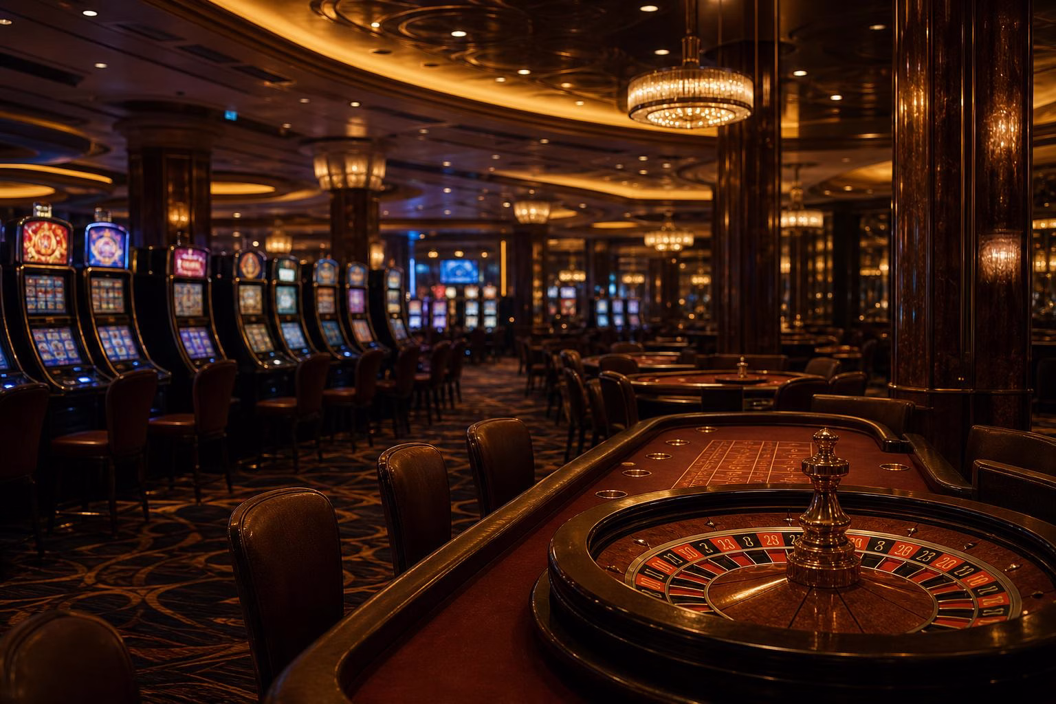 Sala de casino con luz cálida dorada y máquinas tragamonedas