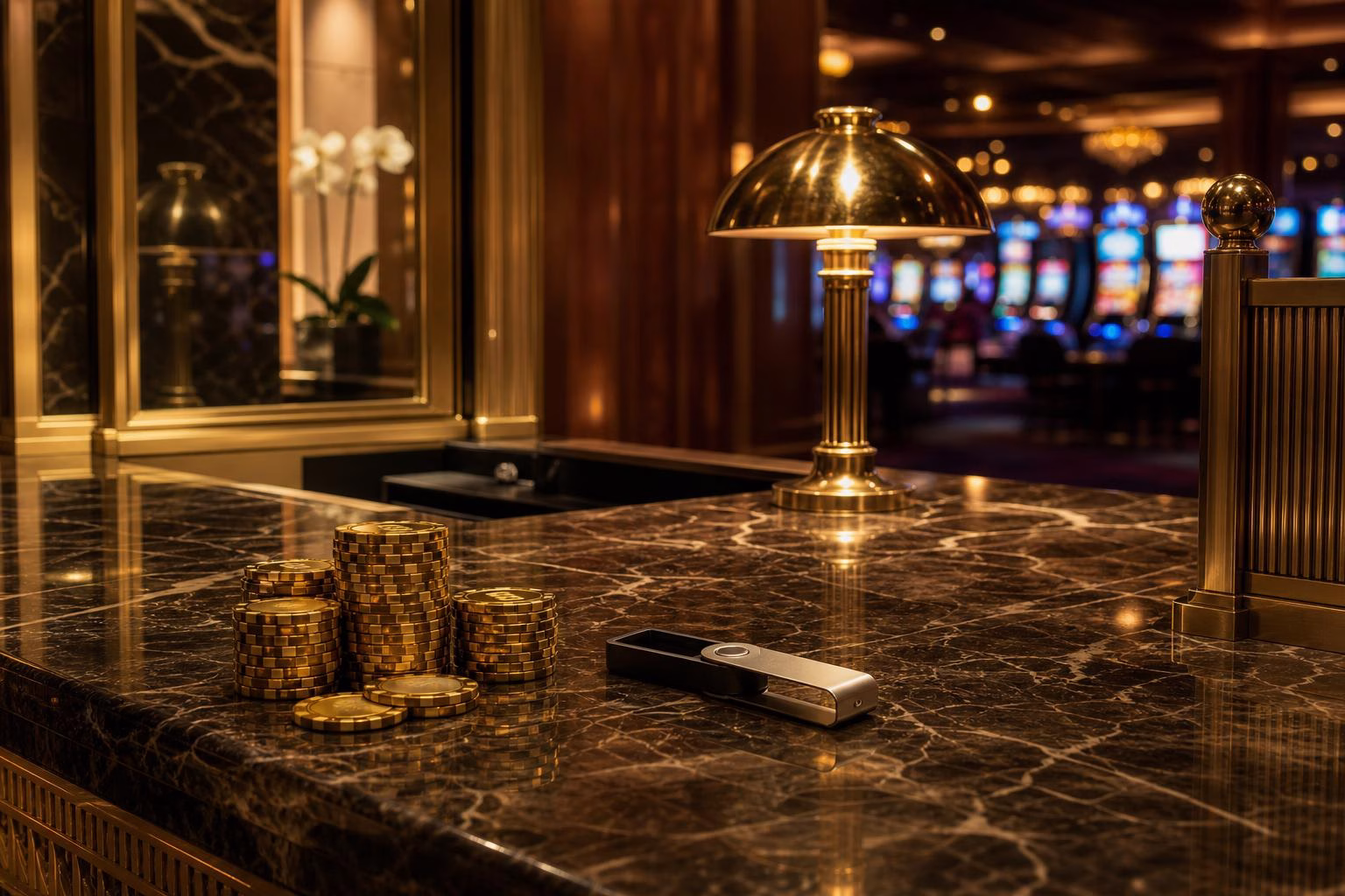 Fichas doradas y monedero cripto sobre mostrador de mármol en un casino