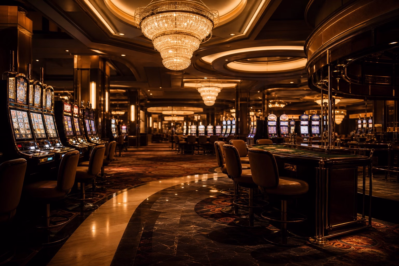 Sala de casino con iluminación cálida donde los operadores con licencia aceptan el pasaporte