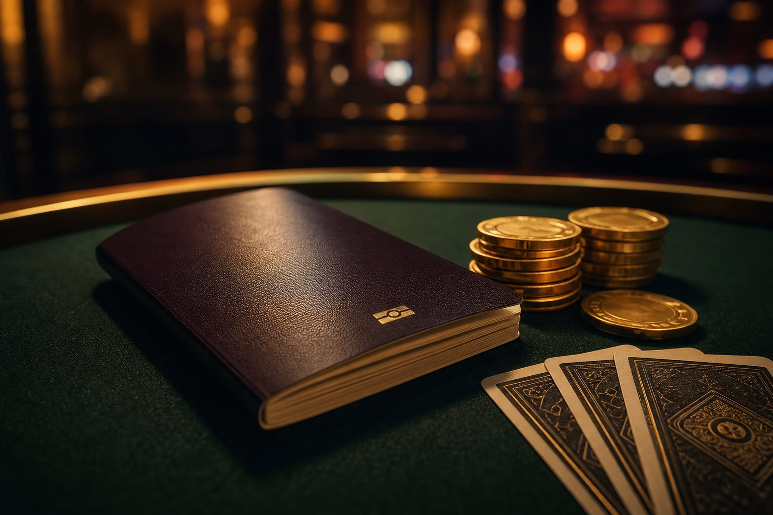 Pasaporte junto a fichas doradas y cartas sobre una mesa de casino