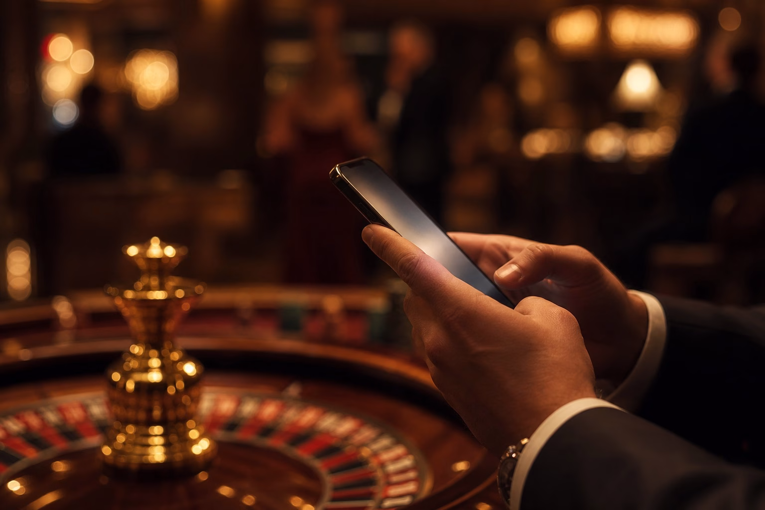 Jugador usando un casino móvil en un salón de casino