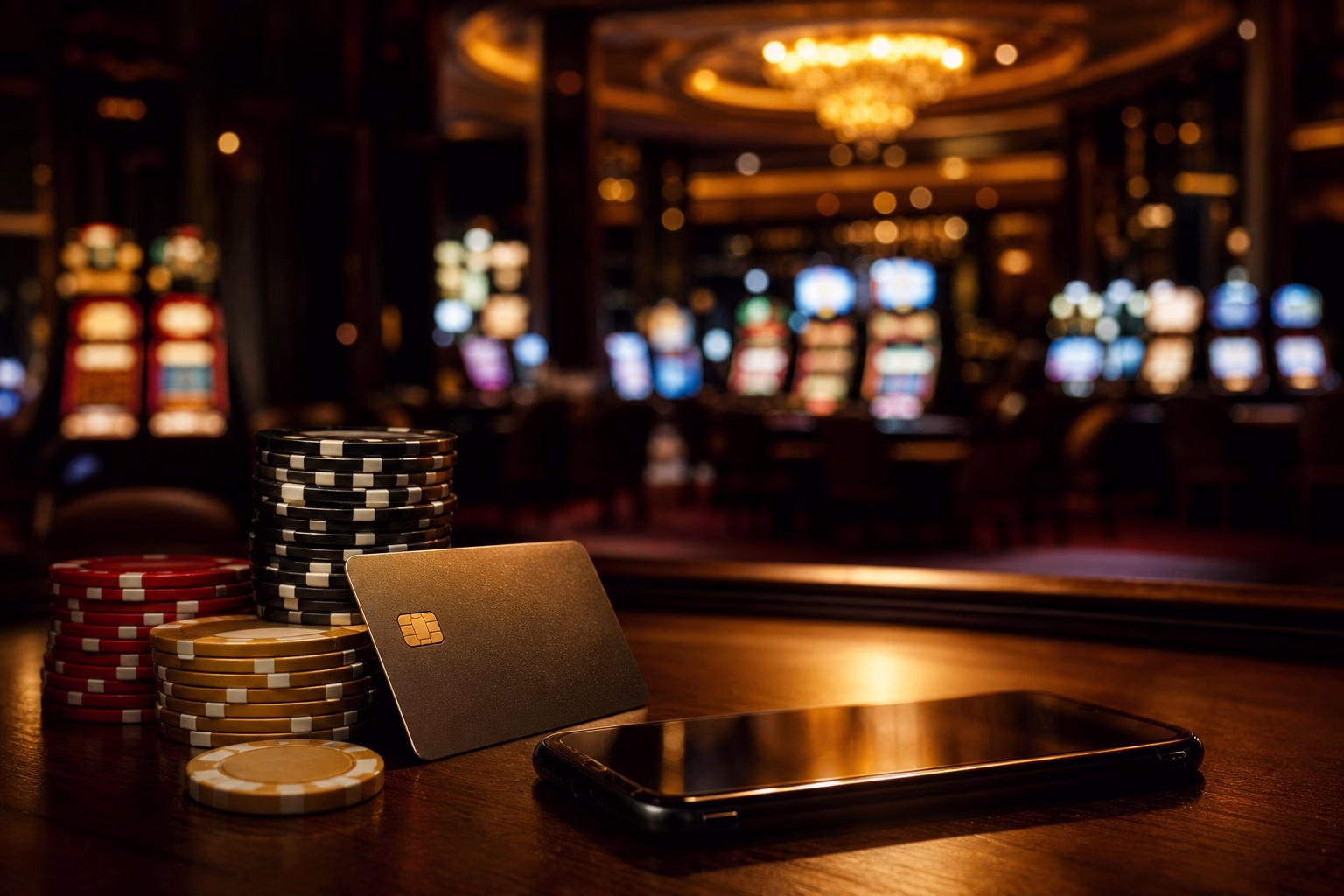 Fichas de casino y tarjeta de pago junto a un móvil