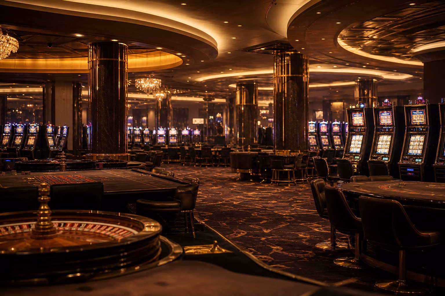 Interior de un casino moderno con iluminación dorada
