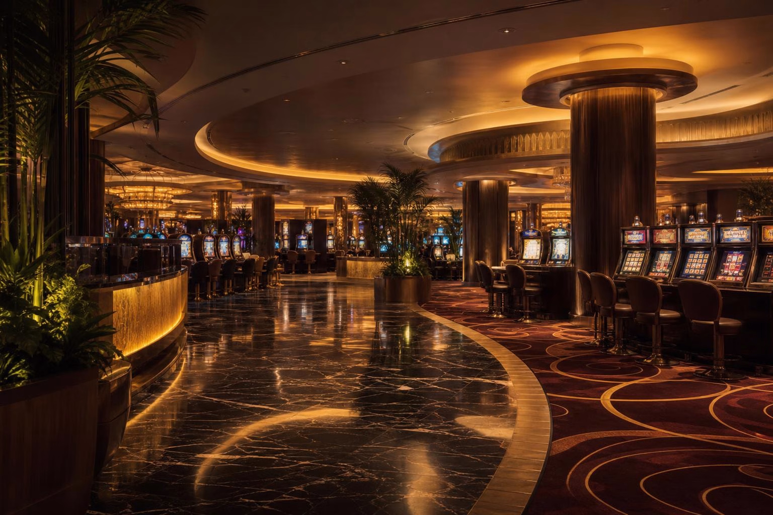 Interior de un casino con iluminación dorada y máquinas tragamonedas