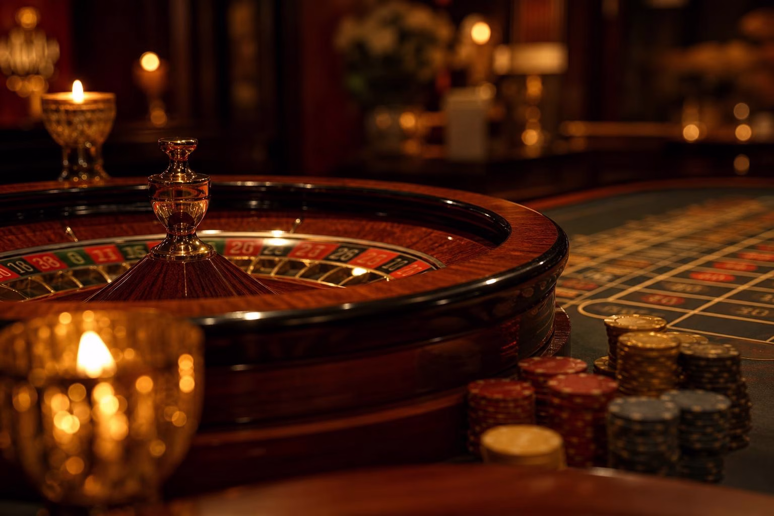 Ruleta y fichas de casino con luz cálida dorada