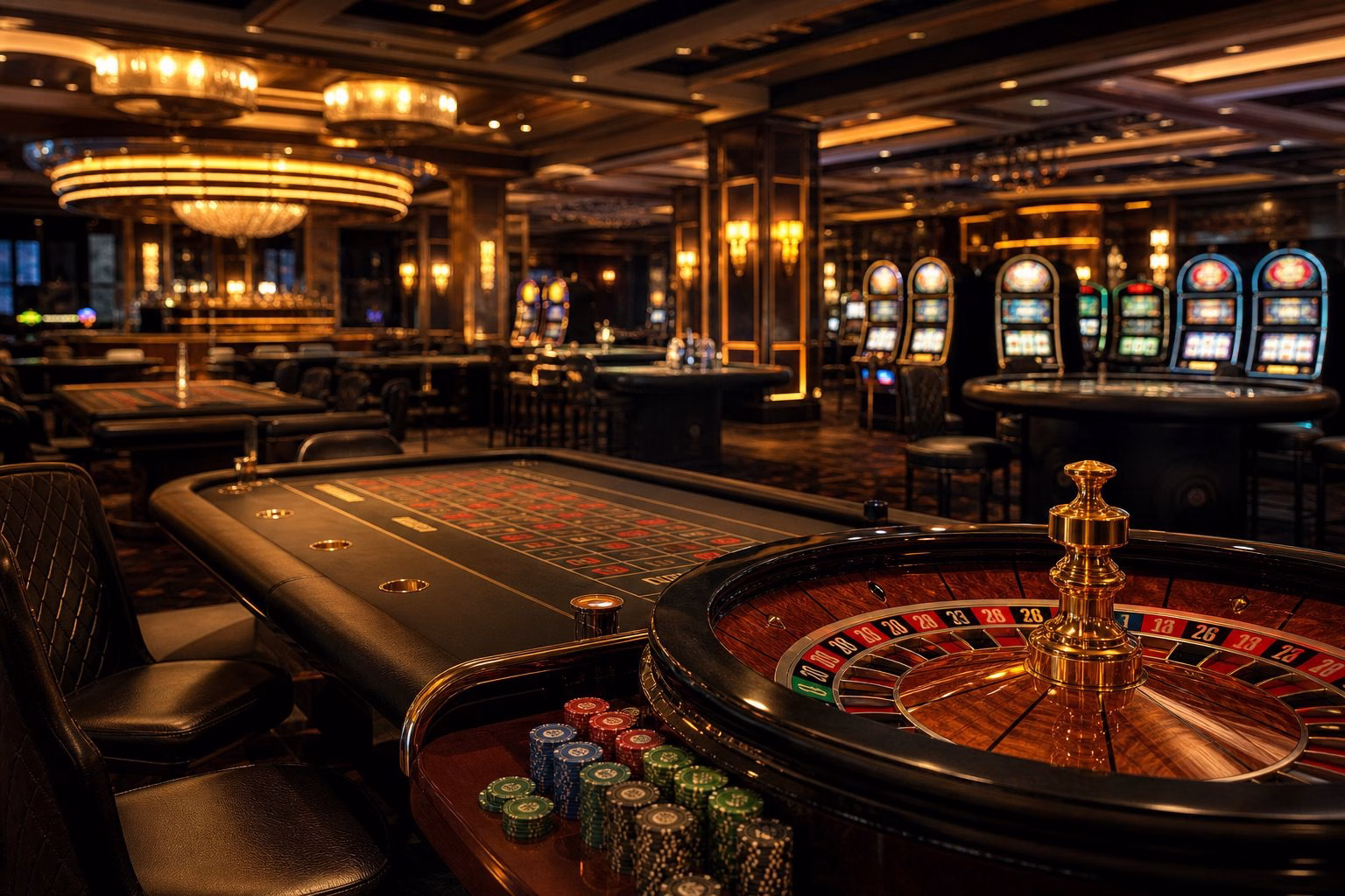 Interior de un casino internacional con ruleta y máquinas tragaperras