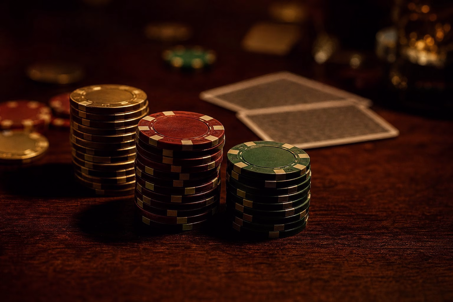 Fichas de poker y cartas sobre una mesa de casino