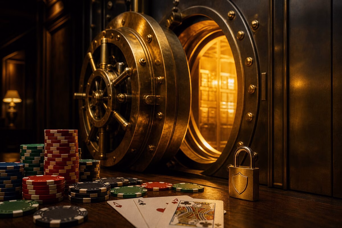 Bóveda de banco dorada con candado y fichas de póker, concepto de seguridad en el casino